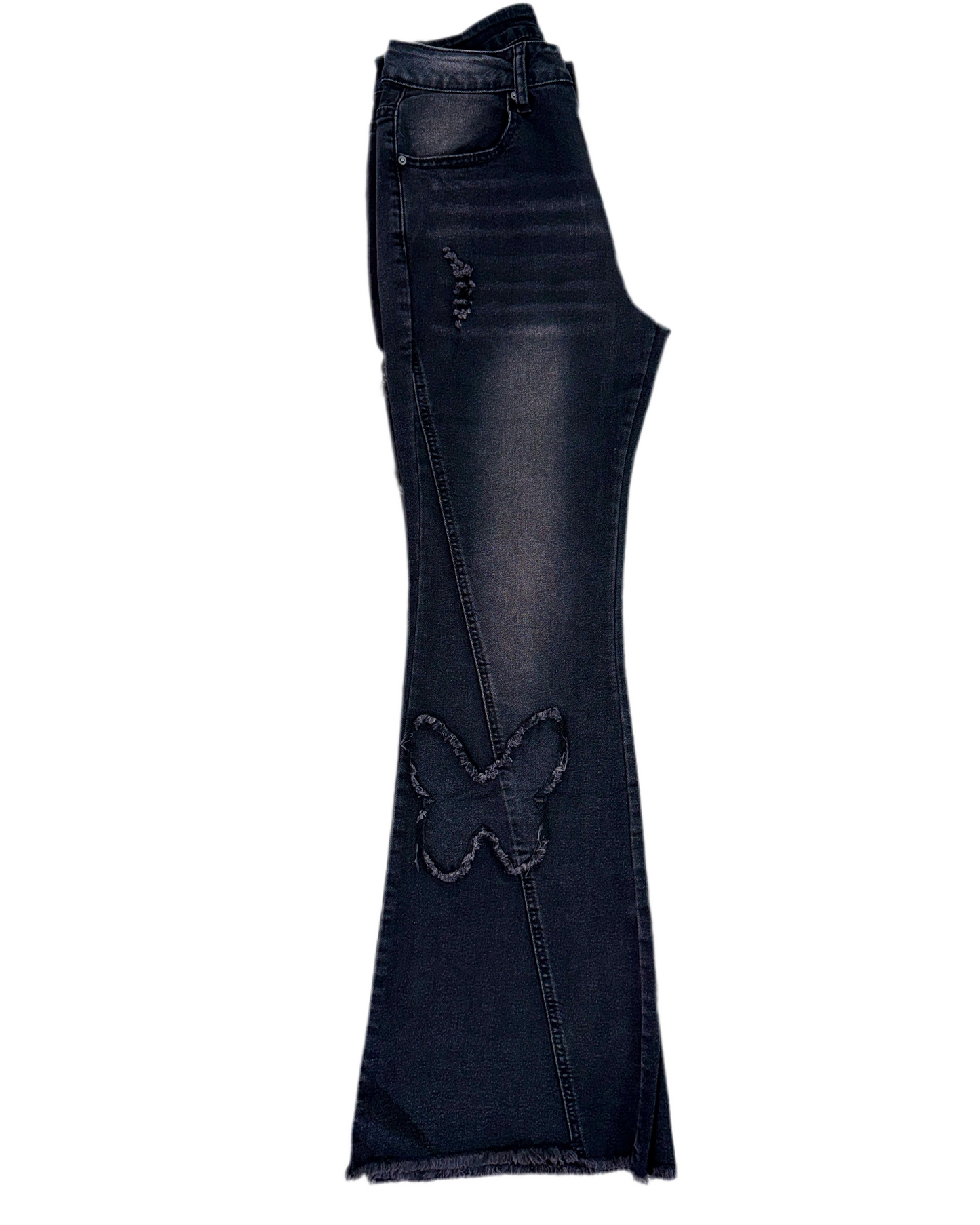 Petite Women's Casual Distressed Butterfly Patch Flared Jeans