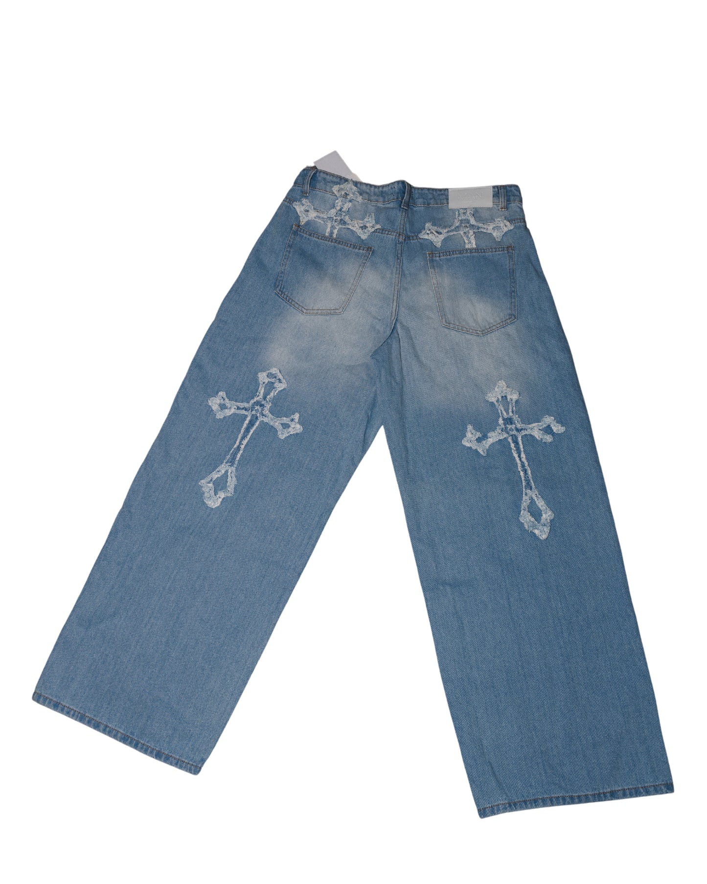 Baggy rigid Washed Blue Cross Applique Jeans