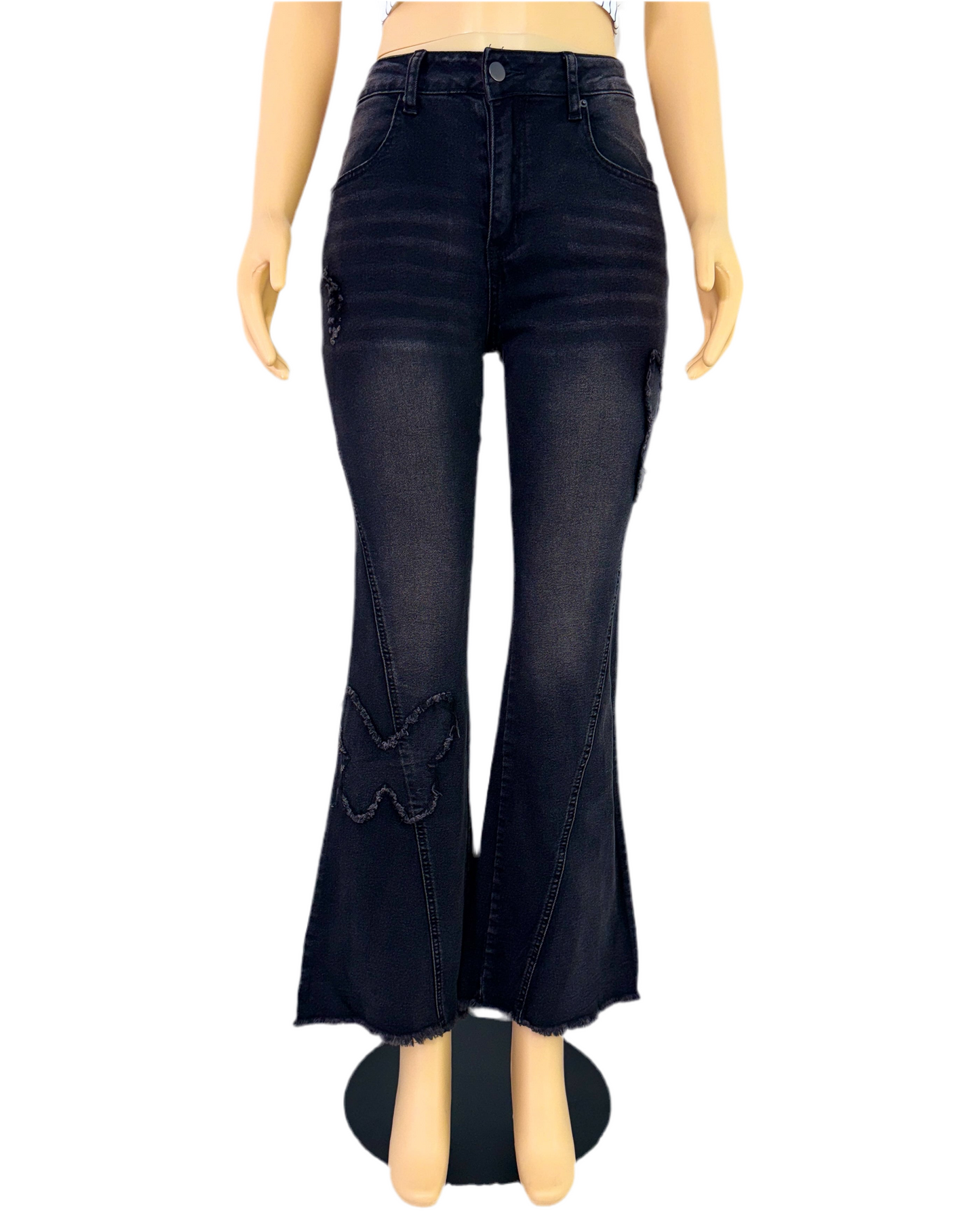 Petite Women's Casual Distressed Butterfly Patch Flared Jeans