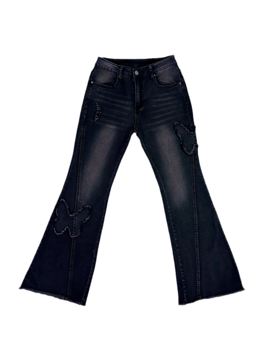 Petite Women's Casual Distressed Butterfly Patch Flared Jeans