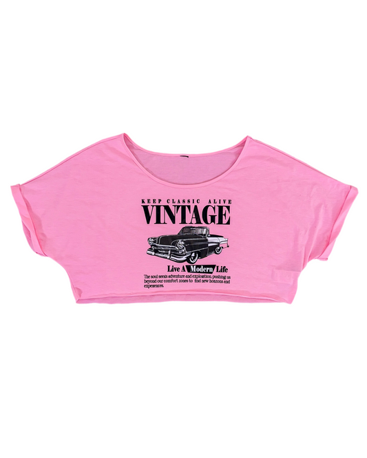 Off Shoulder Vintage Car Pattern Cropped Oversized Short Sleeve T-Shirt