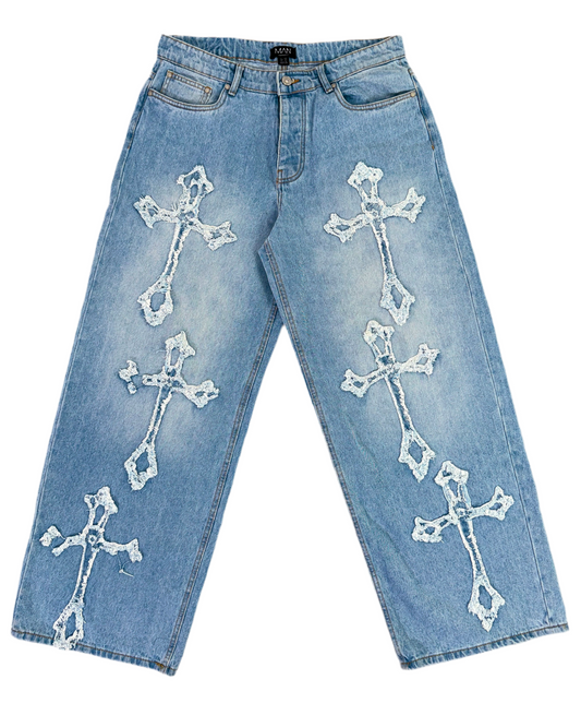 Baggy rigid Washed Blue Cross Applique Jeans