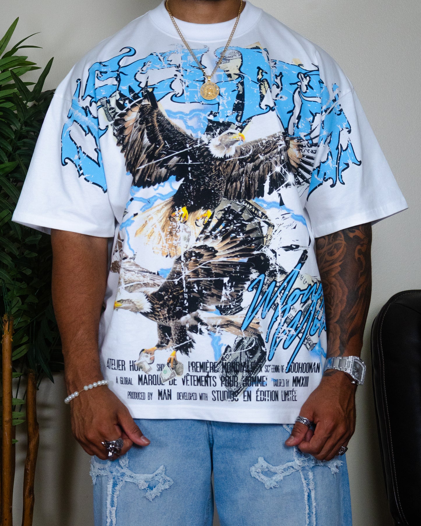 White Oversized Extended Neck Eagle Over The Seam Printed T-Shirt