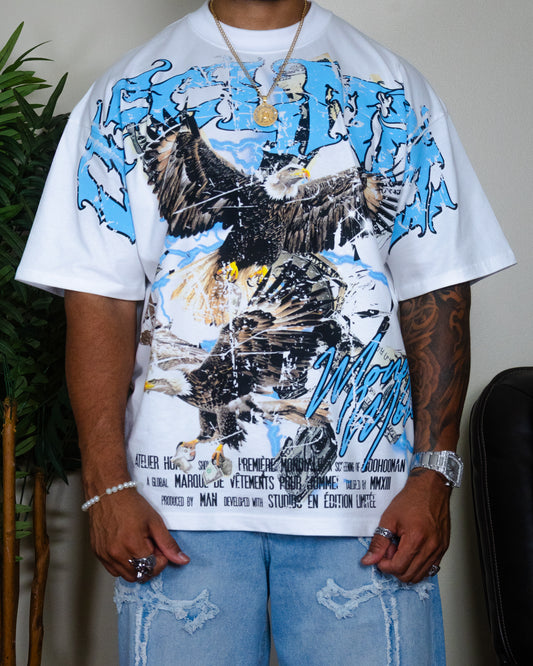 White Oversized Extended Neck Eagle Over The Seam Printed T-Shirt