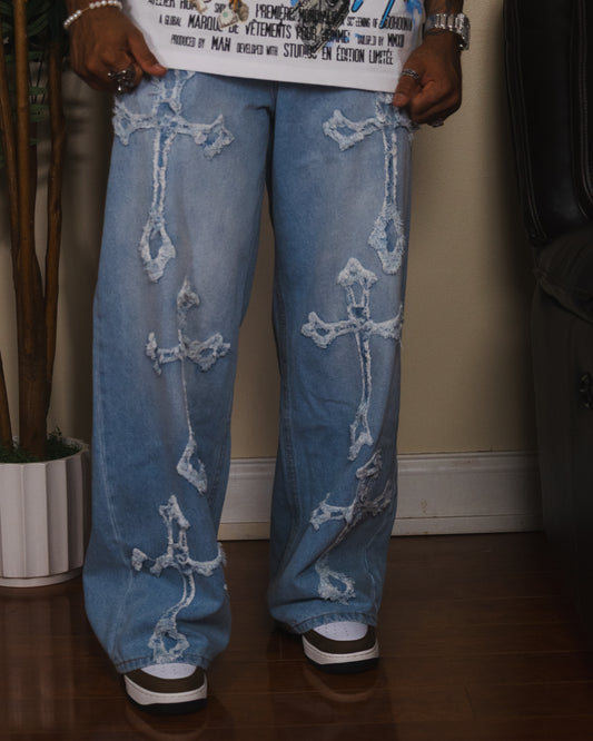 Baggy rigid Washed Blue Cross Applique Jeans