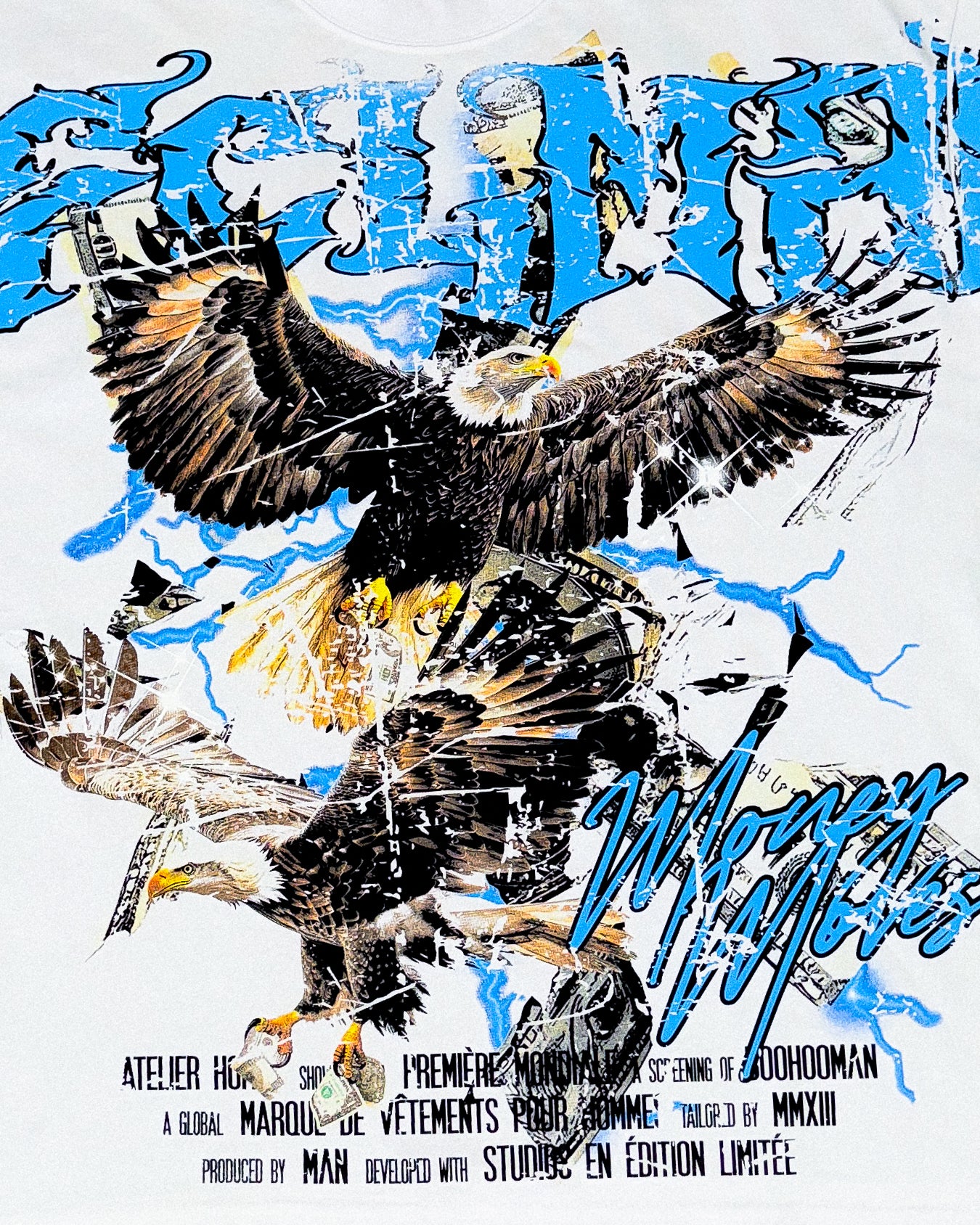 White Oversized Extended Neck Eagle Over The Seam Printed T-Shirt